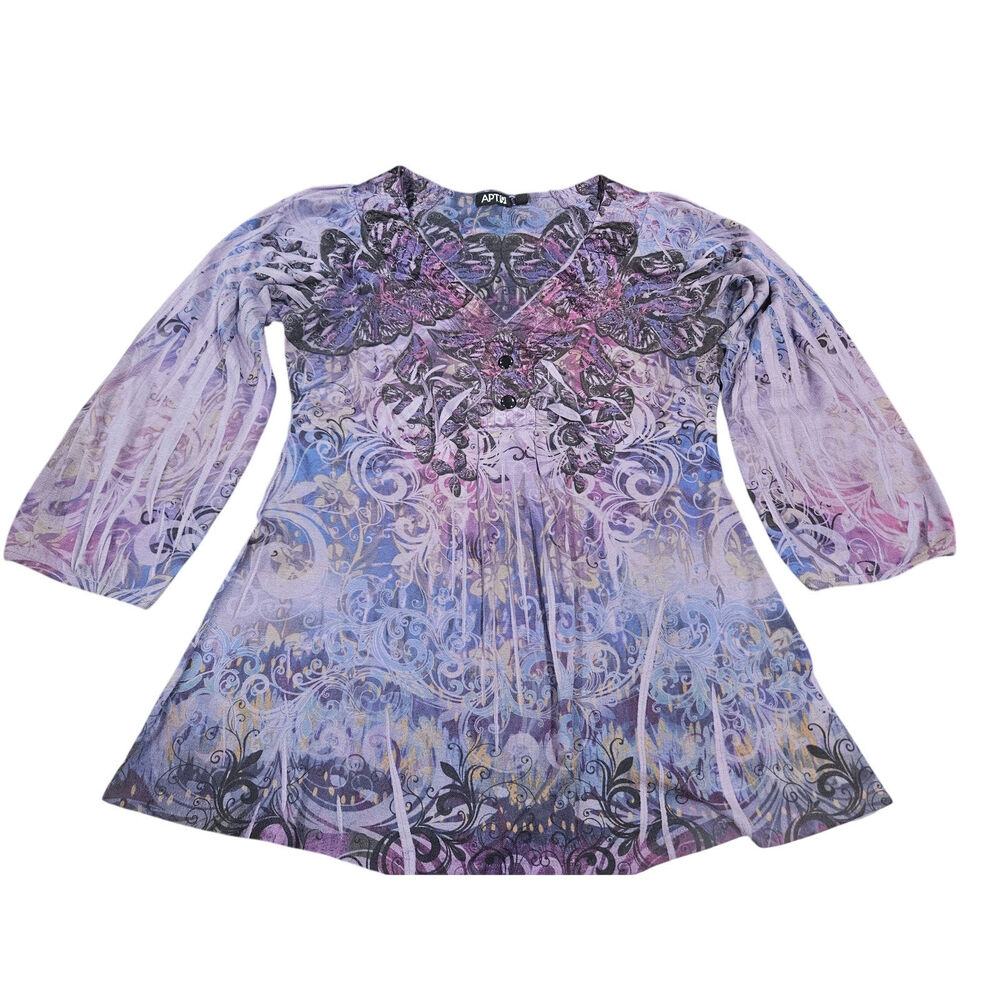 APT 9 Petite L Y2K Butterfly Babydoll Tunic Top Boho Fairycore Embellished